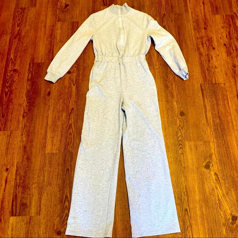 SHEIN Light Gray Half Zip Elastic Waist Wide-leg Jumpsuit